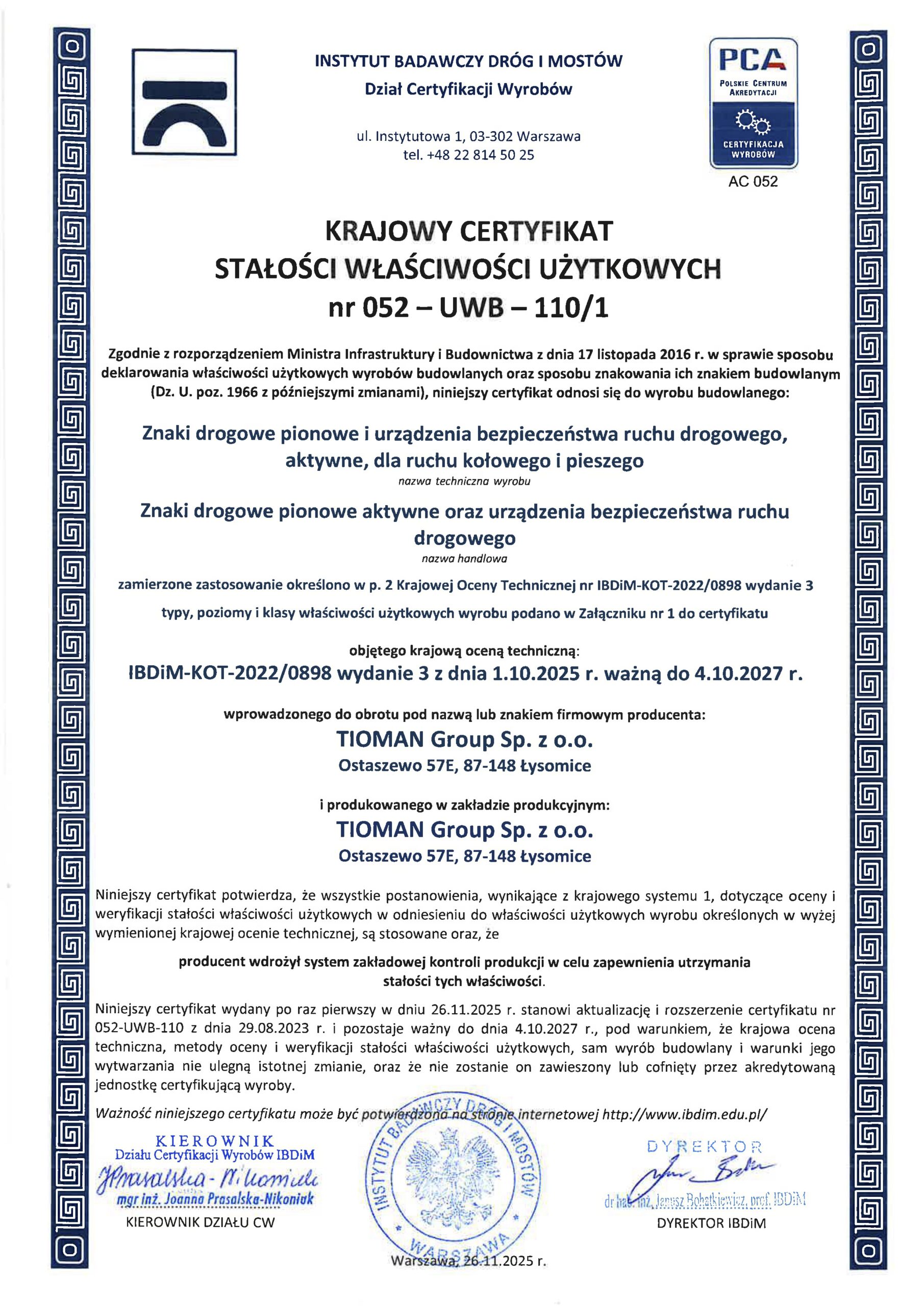 Certyfikat znaki pionowe i tablice 1833 CPR 066 EN 2021