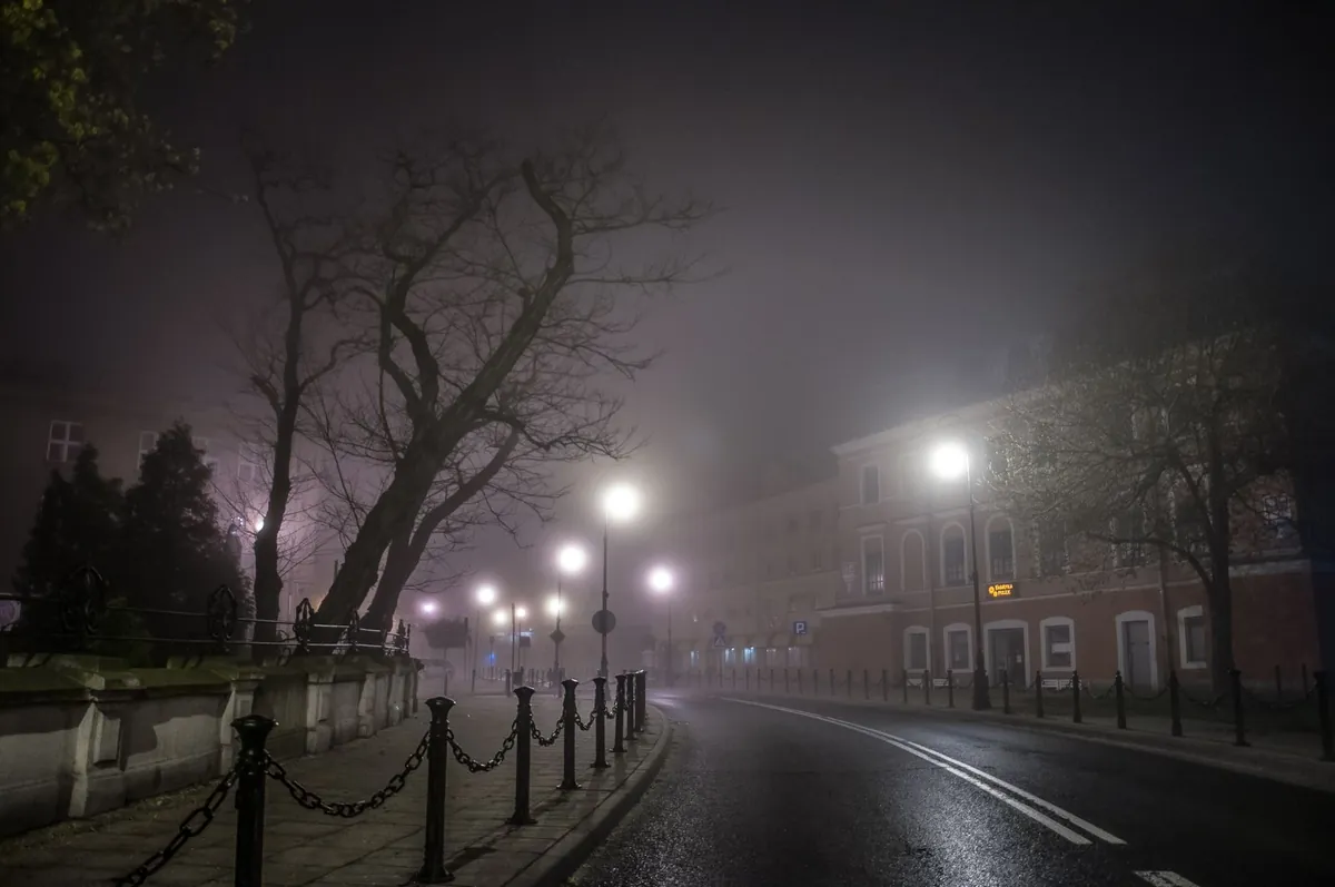 Czarne słupki połączone łańcuchami wzdłuż chodnika przy miejskiej ulicy nocą, we mgle